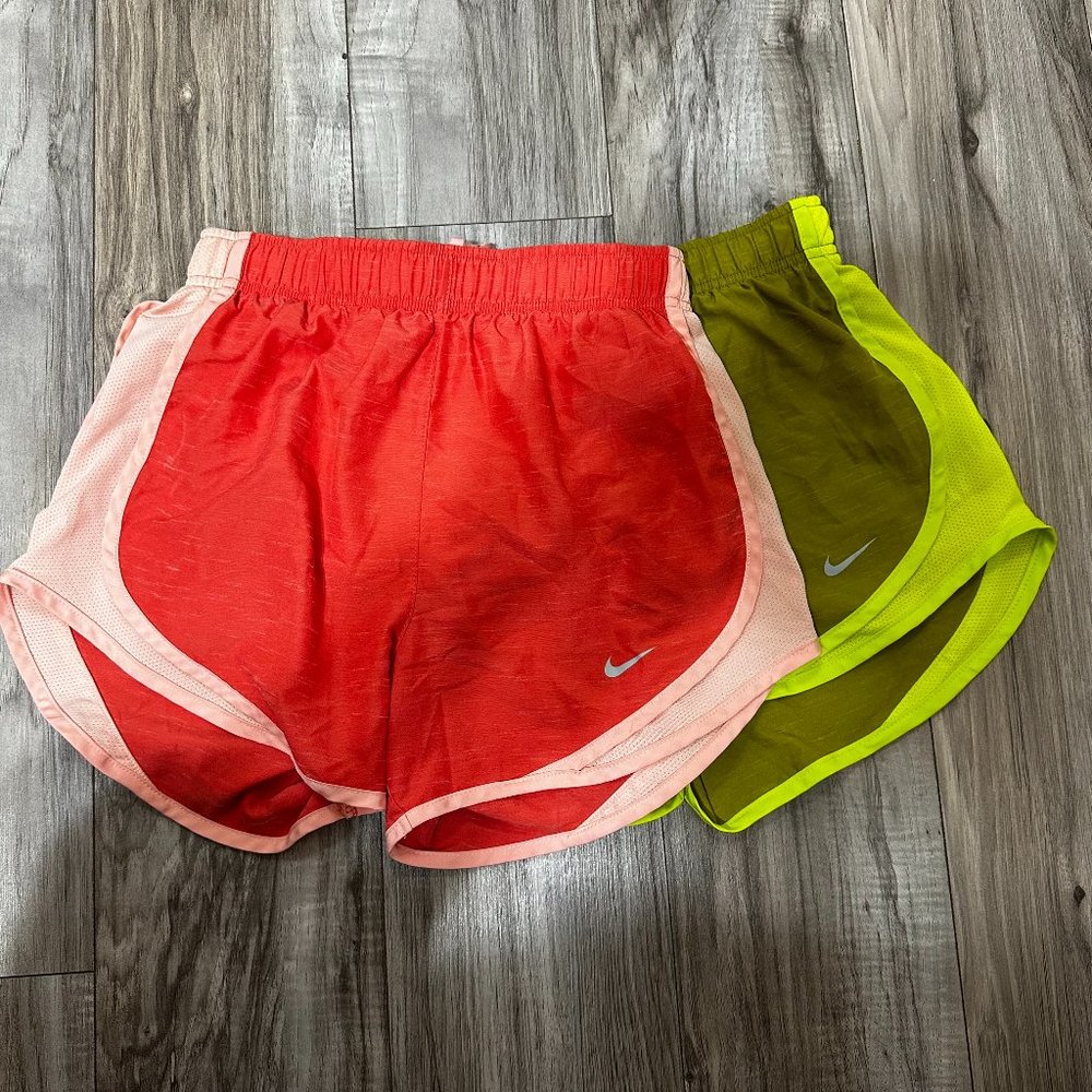 Nike Women's DRI-FIT Tempo Running Shorts 3" Bundle Lot Of 2 Green & Pink SZ XS